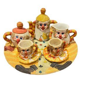 Miniature Tea Set 10 pc Happy Grinning Clown Faces Playing Cards Pottery Resin